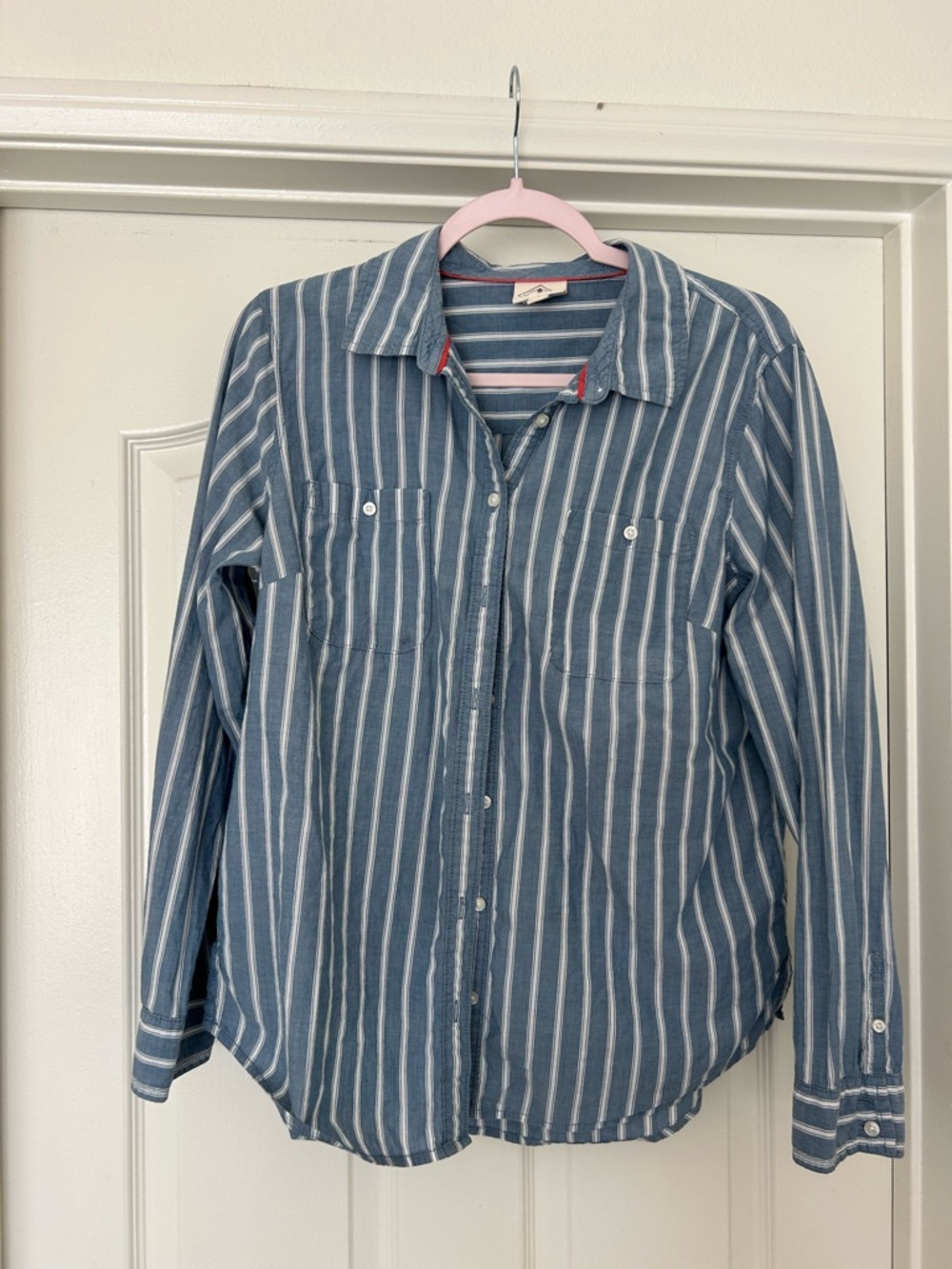 St. John's Bay Blue and White Striped Shirt with Coral Trim